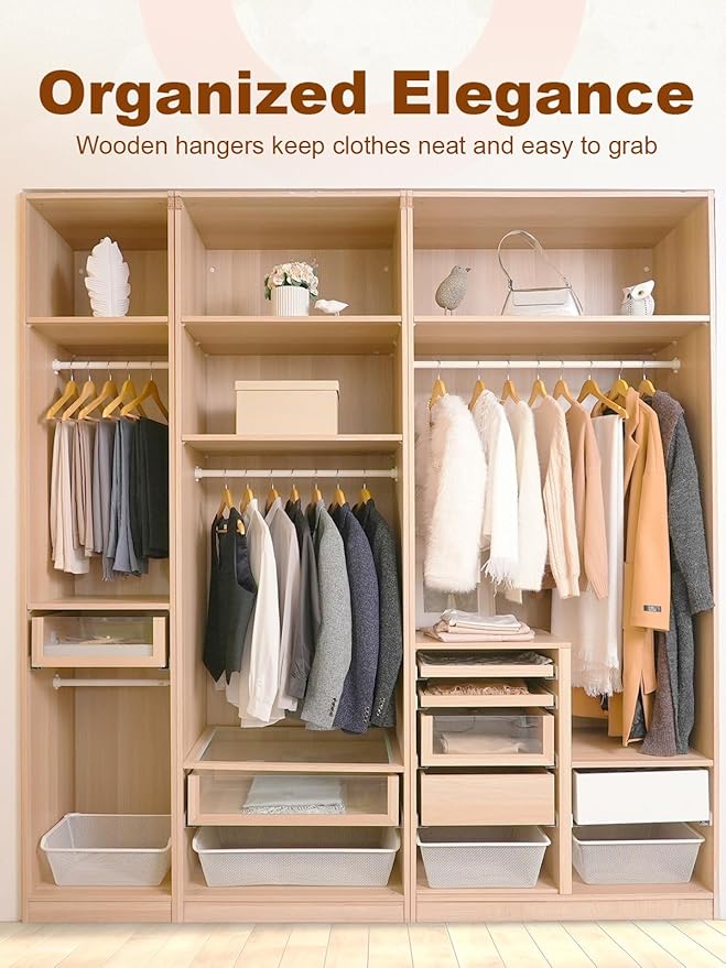 HOUSE DAY Bulk Wooden Hangers 160 Pack, Solid Wood Hanger with Non Slip Pant Bar, Heavy Duty Wooden Coat Hanger for Closet, Smooth Finish Wood Clothes Hangers for Shirts, Suits Jackets, Dress, Natural