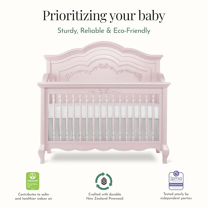 évolur Aurora 5-in-1 Convertible Full-Size Baby Crib in Dusty Rose, GreenGuard Gold & JPMA, 3 Mattress Heights, Ribbon Bow Scrollwork & Queen Anne Feet, Converts to Toddler, Day & Full-Size Bed