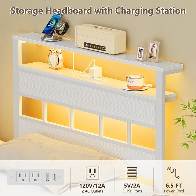 Furnulem Twin Bed Frames with Charging Station and LED Lights, Twin Size Platform Bed with Metal Slats, Wood Headboard with 2-Tier Storage Shelves, No Box Spring Needed, White