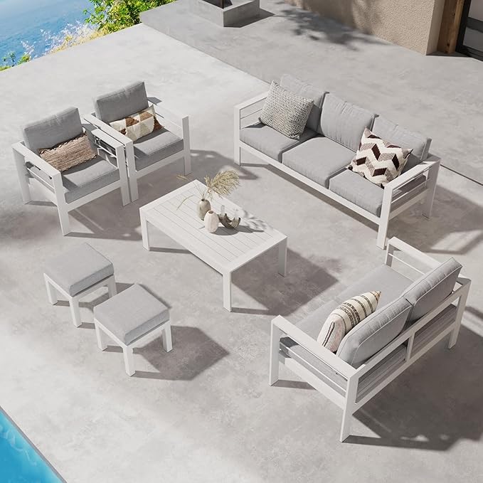 Wisteria Lane Aluminum Outdoor Patio Furniture Set with Footrest, Modern Patio Conversation Sets, Outdoor Sectional Metal Sofa with 5 Inch Cushion and Coffee Table for Balcony, Garden, Light Grey