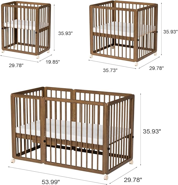 JOYMOR 8 in 1 Convertible Crib with Changer, Include 2” Mattress, Converts to Bassinet, Mid Crib, Full Size Crib, Daybed,Toddler Bed and Playard (Crib, Honey Wood)