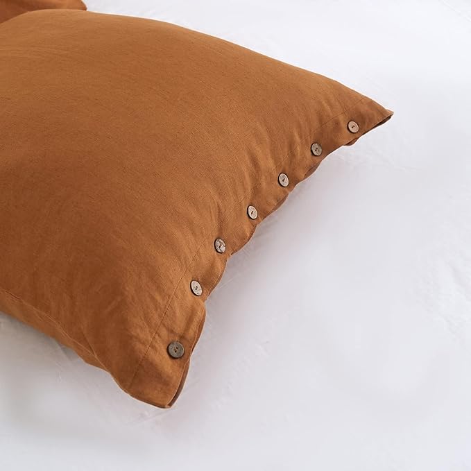 Simple&Opulence 100% Washed Linen Euro Sham Cover, 26 x 26 Inch, Decorative Bed Fall Pillow Cover with Coconut Button, Solid Color Pillow Shams Set of 2 (Rust)
