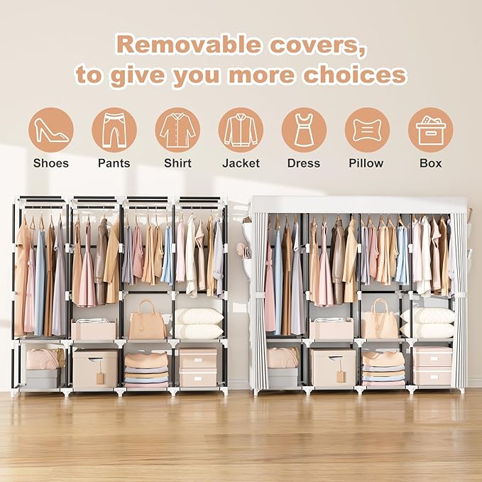 VTRIN Portable Closet for Hanging Clothes 67 Inch Wide Large Capacity Portable Wardrobe Closet with Cover, 4 Storage Shelves and 4 Hanging Rod Sturdy Free Standing Closet for Bedroom, White