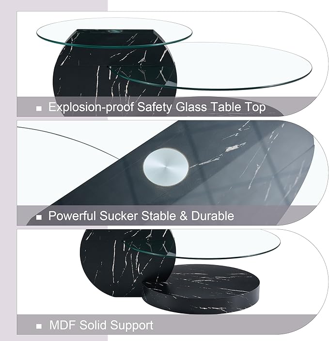 Coffee Tables for Living Room - Round Glass Coffee Table with Wooden Base Mid-Century Modern End Table 3-Tier Round Coffee Table for Living Room, Office, Balcony (42″ Black)