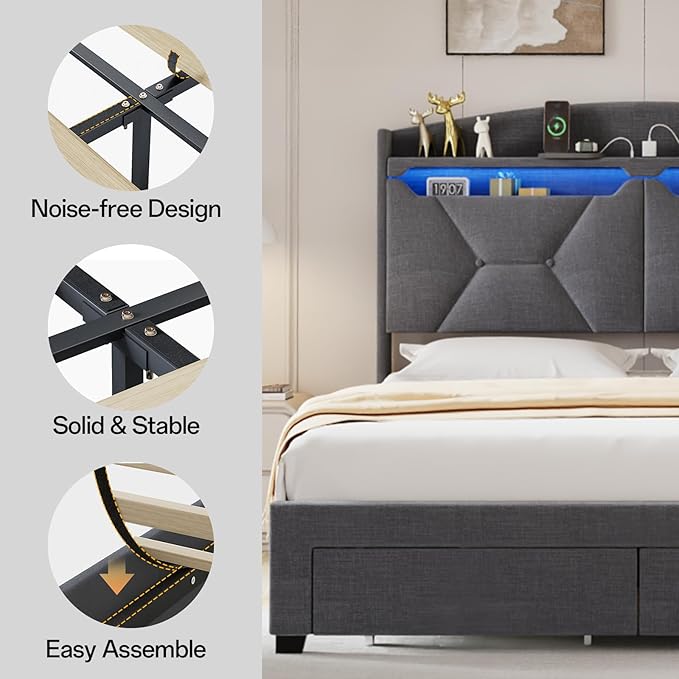 Queen Size Bed Frame, Queen Bed Frame with Storage Drawers, Upholstered Bed Queen Size with Charging Station and LED Lights, Easy Assembly, Grey