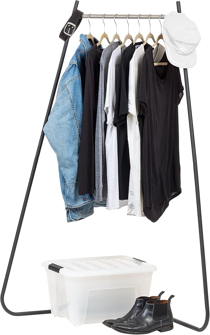 IRIS USA Stylish Corner Clothes Rack for Hanging Clothes, Easy to Assemble, Freestanding Metal Sturdy Garment Rack, Small Space Storage Solution, Modern Versatile Design, Boutique Style, Black