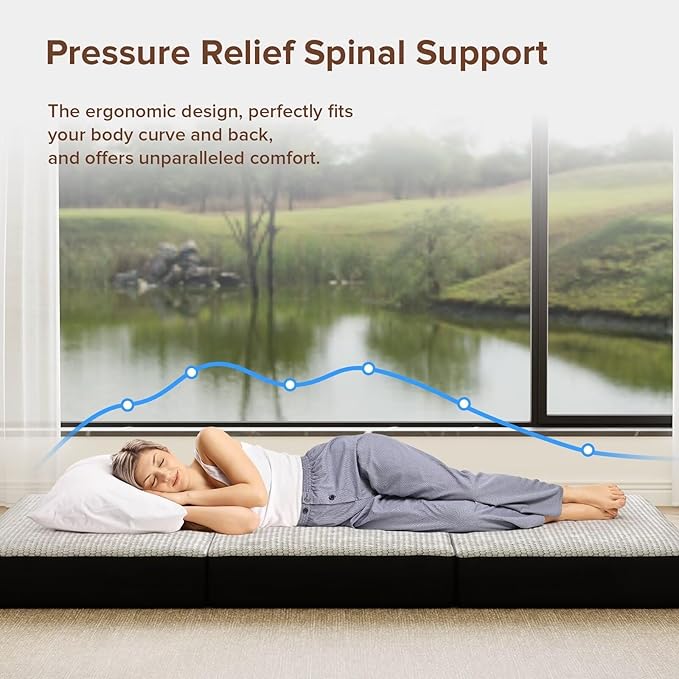 Memory Foam Trifold Mattress - Twin Portable Floor Bed 4 Inch, Foldable Mat with Washable Cover, Handle & Non-Slip Bottom, for RV, Travel, Camping, Yoga, 75"x38"x4"