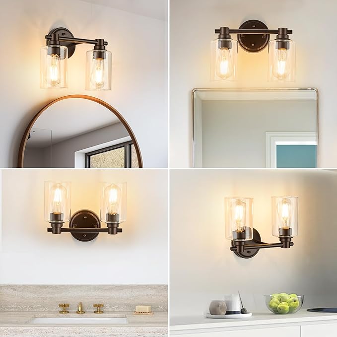 Bathroom Light Fixtures Wall Sconce Light with Clear Glass Oil Rubbed Bronze 2 Lights Bathroom Lighting Over Mirror Vanity Lights for Living Room,Bedroom,Restroom,Hallway E26 Base
