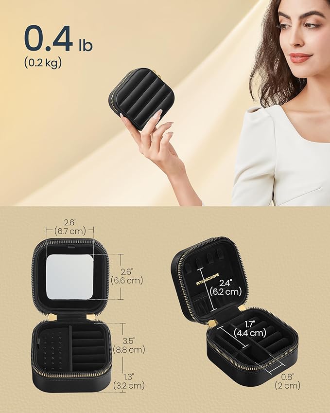SONGMICS HOME Travel Jewelry Case, Small Jewelry Box Organizer with Mirror, 4.1 x 4.1 x 2.4 Inches, PU Surface with Stitching, Portable, Ink Black, ANAH Collection UJBC179B01