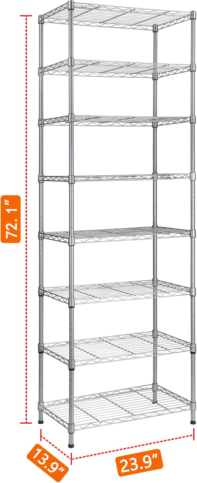 REGILLER 8-Wire Shelving Metal Storage Rack Adjustable Shelves,Standing Storage Shelf Units for Laundry Bathroom Kitchen Pantry Closet(Silver,13.9" D x 23.9" W x 72.1" H)