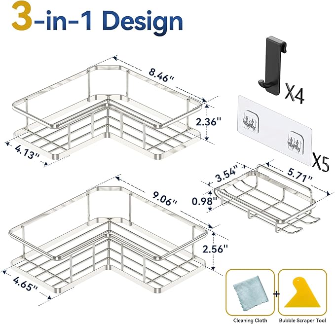 YASONIC Corner Shower Caddy Organizer, 3-Pack Self-Adhesive Rustproof Bath Shelves with Soap Holder & 4 Hooks, Large Capacity Shower Storage Rack for Bathroom Organization, Silver