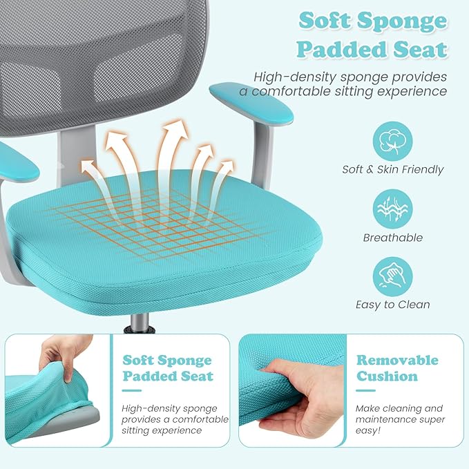 Giantex Kids Desk Chair, Children Computer Chair with Wheels and Y-Shaped Lumbar Support, Mesh Kids Office Chairs, Height Adjustable Desk Chair for Girls Boys Aged 4-13, Turquoise