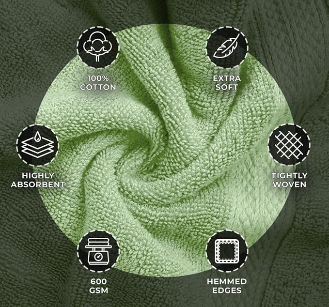 Avalon Towels Luxury 8 Piece Towels Set, 2 Bath Towels, 2 Hand Towels and 4 Washcloths, 600 GSM 100% Ring Spun Cotton Highly Absorbent Bathroom Towel Set, Ideal for Hotel, Spa and Gym (Sage Green)