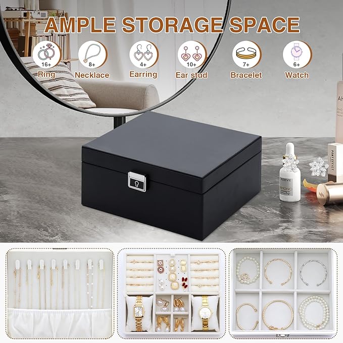 Jewelry Organizer Box for Girls Women,2 Layer Large Genuine Leather Jewelry Organizers and Storage with Lock Removable Velvet Jewelry Tray,Christmas Gifts for Mom,Black