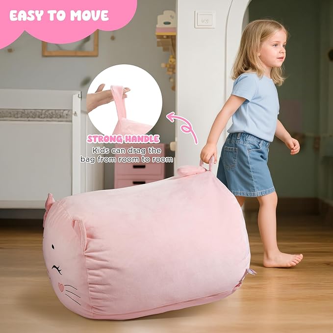 GAGAKU Stuffed Animal Bean Bag Cover Toy Storage, 24 Inches Kids BeanBag Pink Small Cat Large Zipper Bean Bag for Organizing Kids Plush Toys Home Supplies