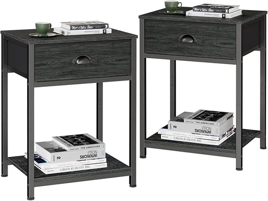 Nightstands Set of 2, Industrial End Table with Fabric Drawer&Storage Shelf, Small Bedside Table Organizer for Small Space for Living Room, Tall 23.6" Night Stand for Bedroom, Black Oak