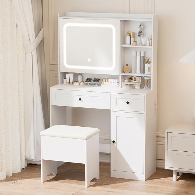 Vanity Table with Hidden Storage & LED Mirror - Includes Padded Stool, 5 Compartments, 2 Drawers & 1 Storage Cabinet - Ideal Bedroom Makeup Dressing Table White