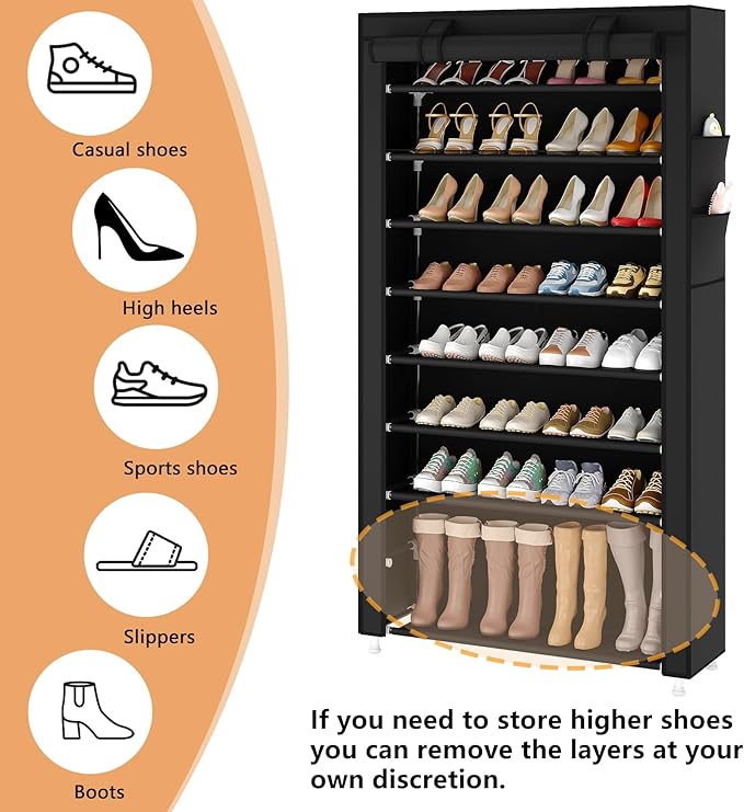 Laiensia 9-Tier Vertical Shoe Rack Organizer, Space Saving Shoe Storage Organizer, Non-Woven Cover Shoe Shelf Holds 36-45 Pairs for Bedroom, Hallway, Closet Entryway, Black