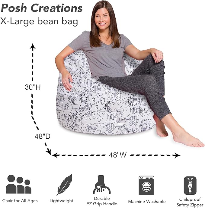 Posh Creations Bean Bag Chair for Kids, Teens, and Adults Includes Removable and Machine Washable Cover, Canvas Coloring Fabric - Fun Creatures, 48in - X-Large