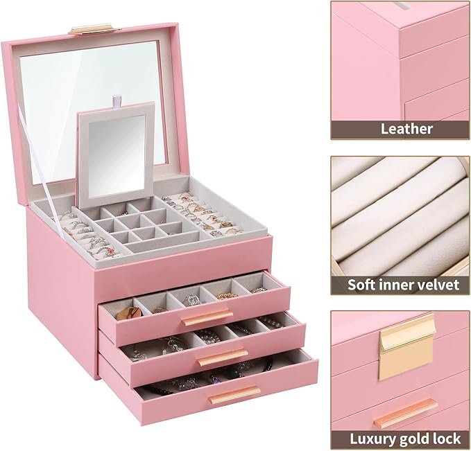 BOOVO Clear Lid Jewelry Box,4 Layers Jewelry Organizer Large Jewelry Storage Box with 3 Drawers,Jewelry Holder Organzier of Rings Earrings Necklace Bracelets for Women (Pink, 4 Layer)