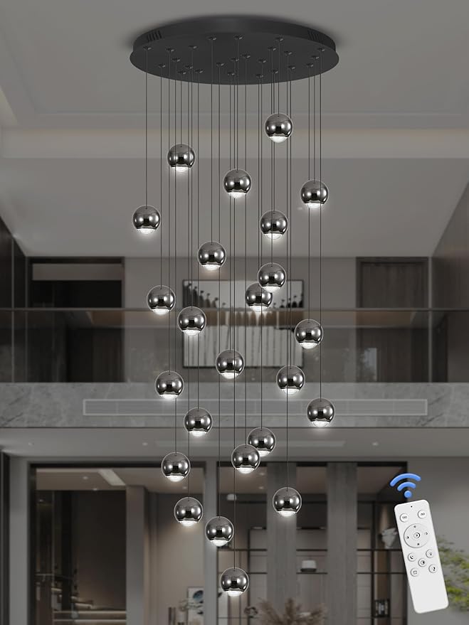 Farmhouse Crystal Chandelier, Luxury Hanging Lights High Ceiling Pendant Lighting for Foyer Staircase 24 Lights Black Chandelier Dimmable 2700k-6000k
