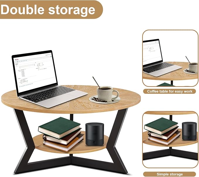 Round Wood Coffee Table for Living Room, 2-Tier Rustic Circle Coffee Table with Storage, 35”x 17” Real Wood Desktop with Metal Frame, Radial Pattern