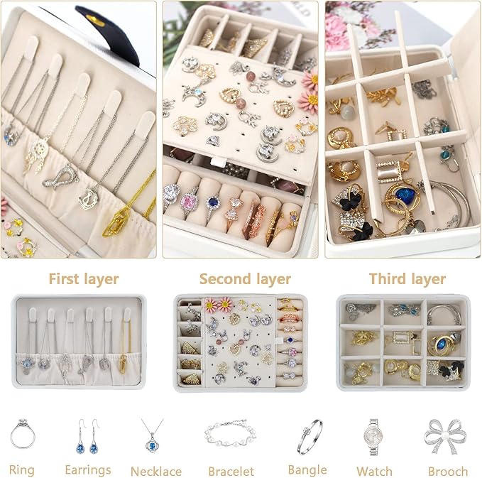 KOOAAICCHI Small Jewelry Box, Travel Jewelry Organizer, Portable Jewelry boxes for Women Girls Gift, Double Layers PU Leather Jewelry Holder for Rings, Earrings, Necklaces-White