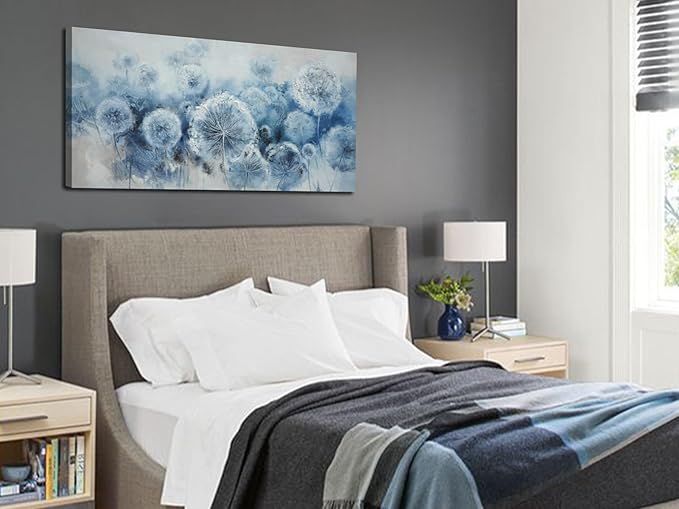 Arjun Flower Wall Art Indigo Blue Dandelion Floral Canvas Painting Watercolor White Textured Modern Artwork Framed for Living Room Bedroom Dinning Room Home Office Wall Decor, Extra Large Size 58"x29"