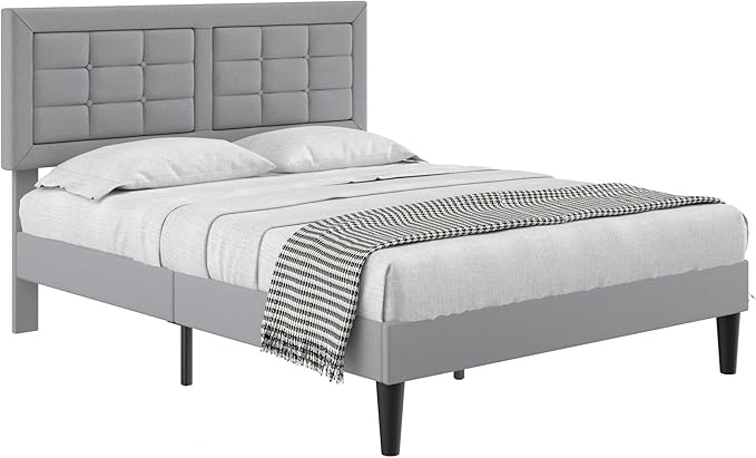 VECELO Queen Size Bed Frame with Adjustable Headboard, Upholstered Button Tufted Platform Bedframe with Wood Slats Support, No Box Spring Needed, Light Grey