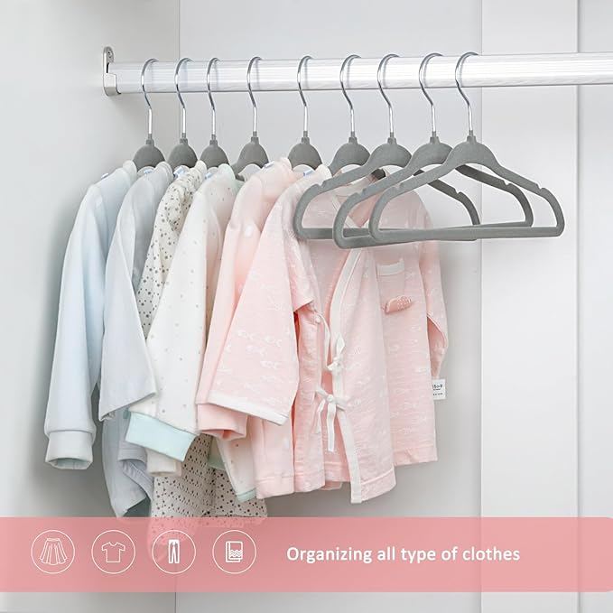 ManGotree Non-Slip Baby Velvet Clothes Hangers, Kids Coat Hangers with Swivel Hook and Notched Shoulders, Hanger for Children, Infant, Toddler Clothes 15 Pack (Grey)