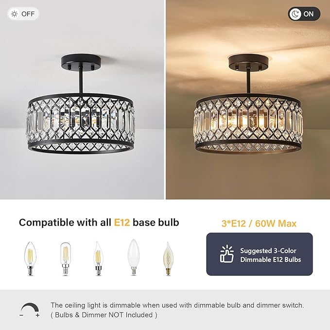 Crystal Black Ceiling Light, Modern Semi Flush Mount Ceiling Lighting Fixture, Round Hallway Lighting Fixtures Chandelier for Kitchen Entryway Bedroom Dining Room, 3-Light, 12.2 Inch