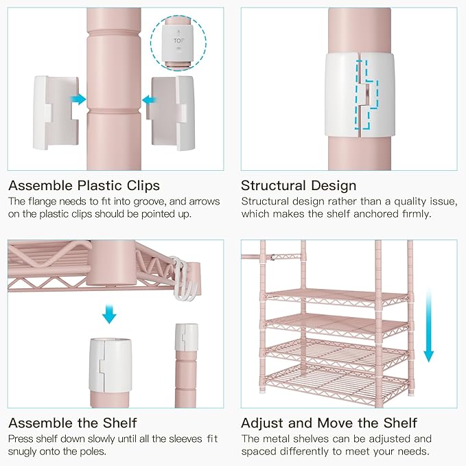 Ulif E1 Heavy Duty Closet Garment Rack, 6 Tiers Adjustable Metal Freestanding Expandable Clothing Storage with 4 Hanger Rods, Easy to Assemble Wardrobe, 71.4" H x (70" - 88.2") L x 14" D, Pink