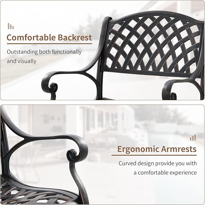 Cast Aluminum Patio Dining Set, Outdoor Bistro Set, 31.5" Round Outdoor Dining Table with Umbrella Hole, 2 Patio Chairs for Yard Porch Garden Balcony