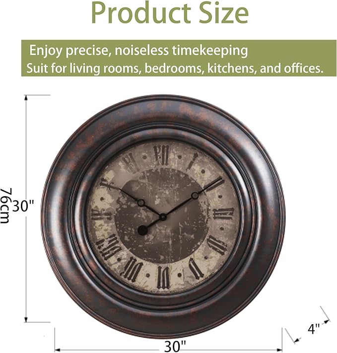 Extra Large Wall Clock, 30 Inch, Dark Bronze, Silent Non-Ticking Quartz Movement, Battery Operated, Decorative Roman Numeral, Vintage Clock Living Room, Office, Home Decor