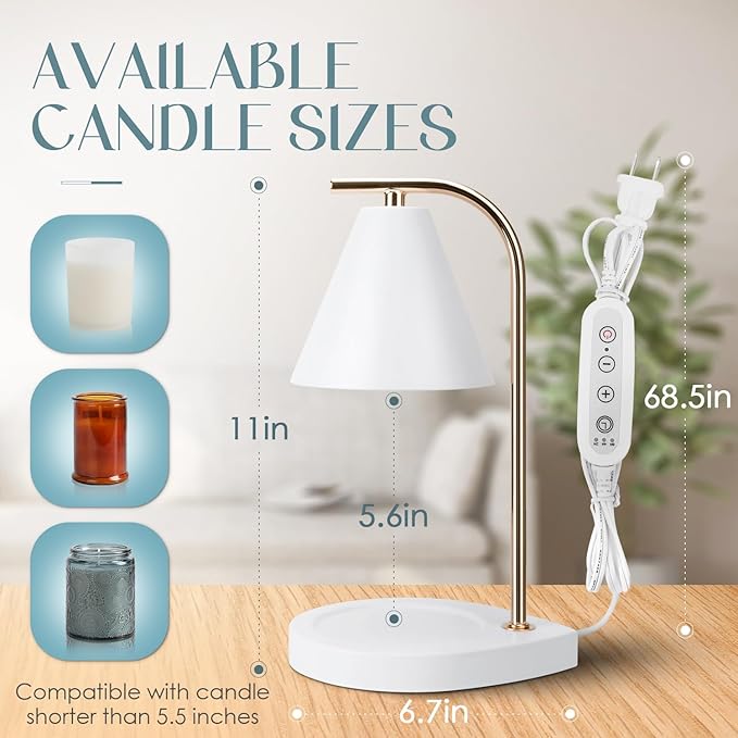 Candle Warmer Lamp with Timer, Dimmable Candle Lamp for Small and Large Jar Candles, Modern Candle Warmer Lamp with 2 Bulbs(White Gold)