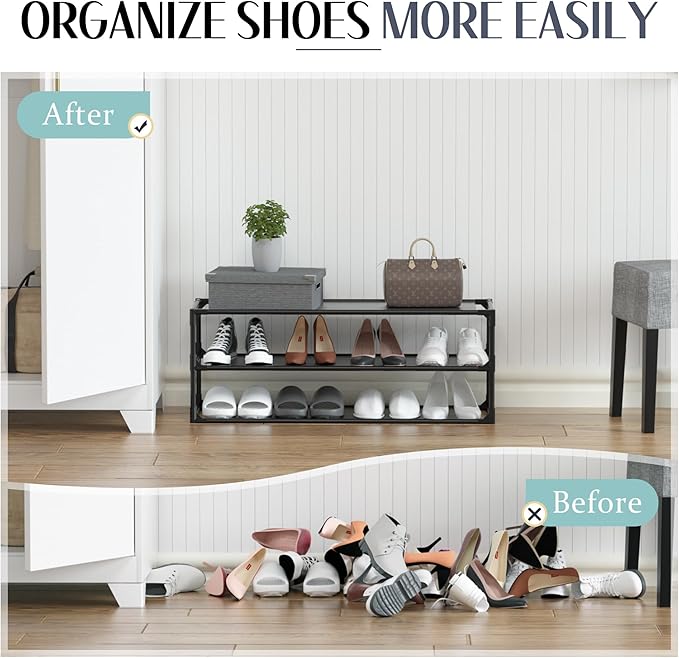 TY ARTS & CULTURE 2 Pack 3-Tiers Shoe Rack Organizer, Sturdy Metal Pipes & Durable Non-Woven Fabric, Shoe Rack for Closet Hold 24-30 Pairs, Shoe Rack for Entryway (Black)
