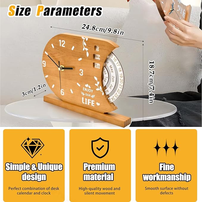 2-in-1 Wooden Analog Clock & Calendar - Silent No Ticking Desk Clocks Perpetual Calendar for Office, Bedroom, Study - Vintage Home Shelf Table Decor - Flip Date, Month & Day of The Week