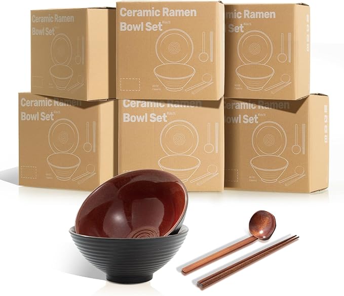 8 Inch Ceramic Ramen Bowl Set of 2, 40oz Japanese Bowls with Spoons & Chopsticks,Durable,Microwave & Dishwasher Safe,Perfect for Ramen,Pho,Salad,Soup,Noodles，Mixing bowls（Carnelian）