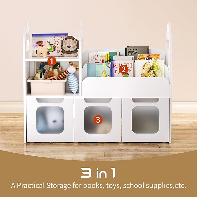 Toy Storage Organizer with 3 Movable Drawers and Storage Cubby, 25.5" H Kids Bookshelf and Toy Storage, Book Shelf for Kids Room, Nursery, Playroom, Bedroom, White