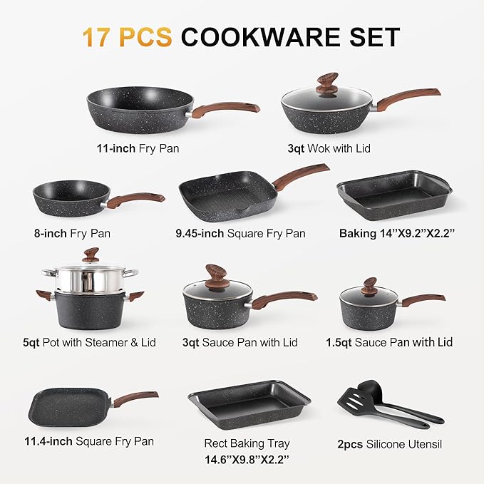DishDelight 17 Piece Pots and Pans Set Non Stick, Nonstick Induction Granite Kitchen Cookware Set, Non Toxic Cookware Set with Frying Pans and Saucepan, Cooking Sets Pots and Pans, Black