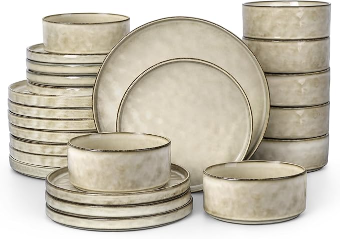 LIANYU Dinnerware Dish Set for 8, 24 Piece Stoneware Plates and Bowls, Ceramic Tableware Sets Includes Dinner Salad Plates, Cereal Bowls, Chip & Scratch Resistant, Sandy Beige