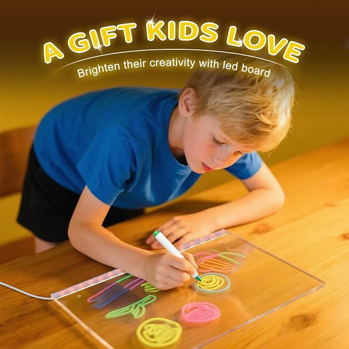 Doodle Glow LED Drawing Board - Reusable Acrylic Dry Erase Light Board with 7 Color Markers, Hangable & Standable Gift for Kids, Home, Office (11.8"x7.9")