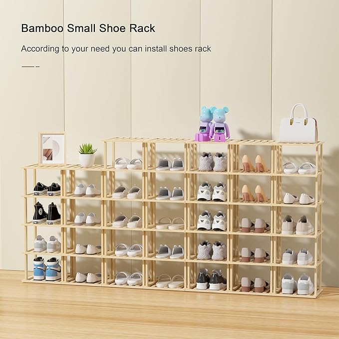 6-Tier Bamboo Shoe Rack - Vertical Shoe Rack for Small Spaces, Tall Narrow Shoe Rack Organizer for Closet Entryway Corner Garage and Bedroom,Free Stackable DIY，Primary Colours