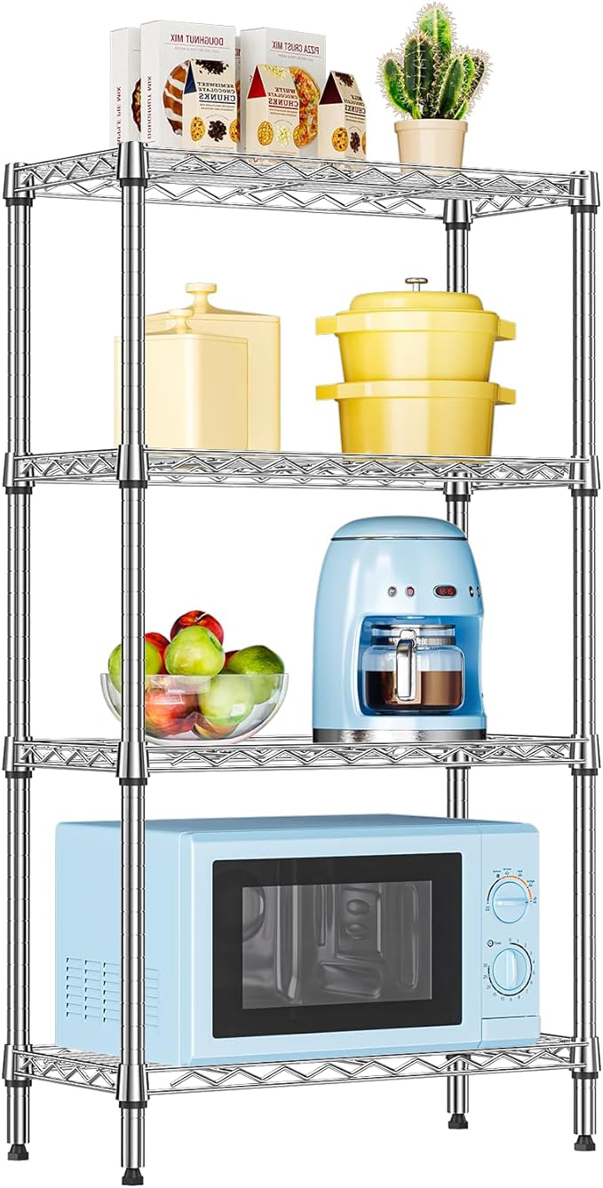 IZEUK 4 Tier Steel Storage Shelves, Heavy Duty Metal Shelf Wire Shelving Rack for Pantry, Kitchen, Living Room, or Office Organization (11.8" D x 25.6" W x 45.5" H, 1000LBS, Chrome)
