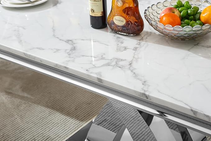 Goujxcy 7-Piece Dining Table Set Modern Faux Marble Dining Table Set for 6, Luxury 68" Long Faux Marble Kitchen Table with 6 Velvet Upholstered Chairs & Mirrored Stainless Steel Base