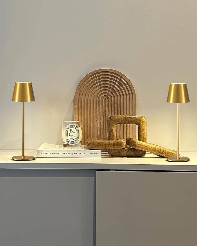 PUSU Cordless Rechargeable Table Lamp Set of 2, 4000mAh Battery Powered LED Desk Lamp, 3 Color Stepless Dimming Up, Portable Table Light Lamp for Bedroom Restaurant Outdoor (Gold)