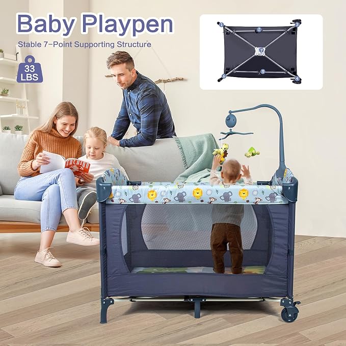 5-in-1 Baby Bassinet Bedside Crib, Pack and Play Long Next to Parents Bed Crib with Toys & Music Box, Mattress, Foldable Playard, Playpen Travel Bed Nursery Center for Girl Boy Infant Newborn