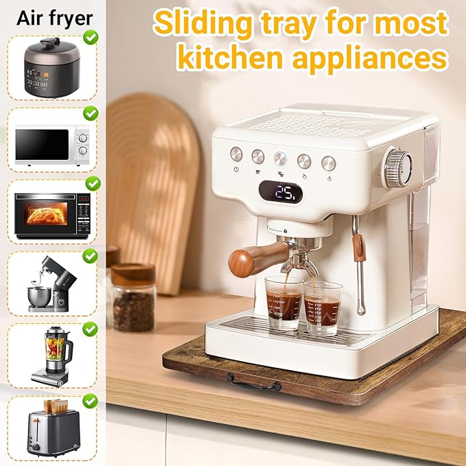 360° Rotatable Sliding Tray for Kitchen Appliances, Wooden Sliding Tray for Coffee Maker, Coffee Pot Slides for Countertop Installation, Easy to Slide (Brown, Small)