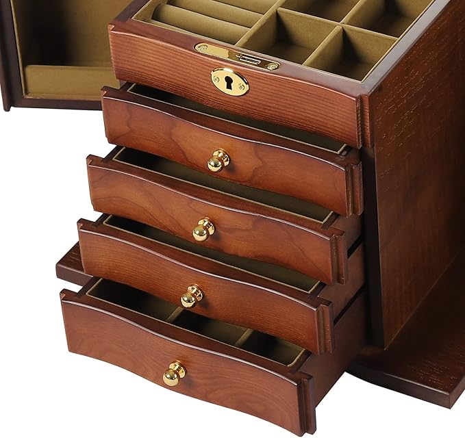 SHZICMY 5 Layers Solid Wooden Jewelry Boxes With Mirror,Vintage Jewelry Storage Organizer for Bracelet Necklace Ring Storage