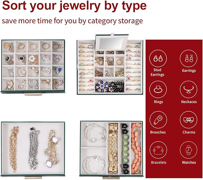 BOOVO Clear Lid Jewelry Box,4 Layers Jewelry Organizer Large Jewelry Storage Box with 3 Drawers,Jewelry Holder Organzier of Rings Earrings Necklace Bracelets for Women (Dark Green, 4 Layer)